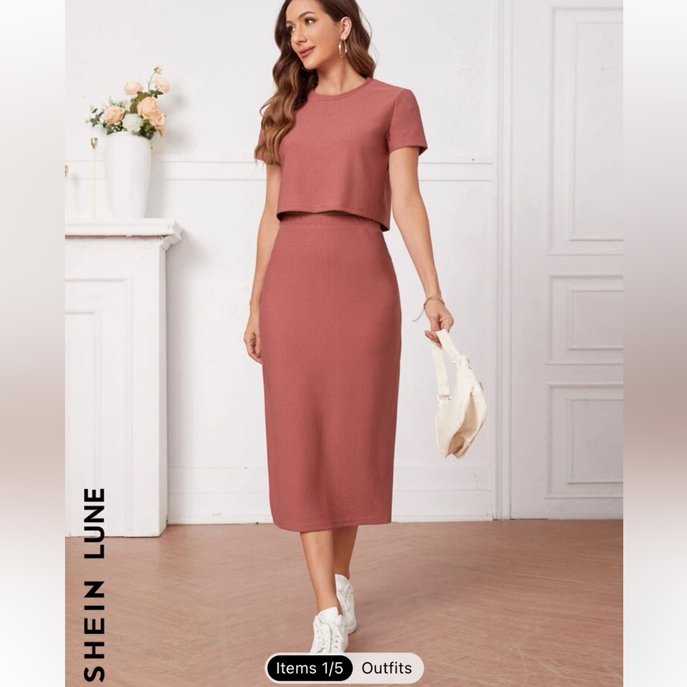 SHEIN LUNE Solid Tee & Straight Skirt large 8/10 new rose red pink set top shirt - Picture 3 of 3